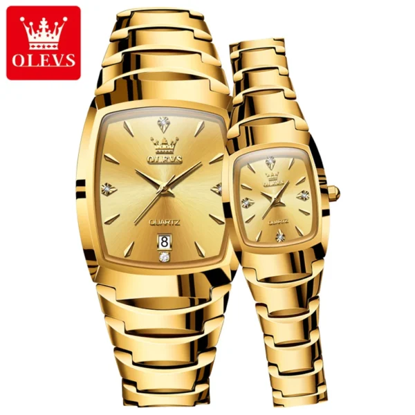 OLEVS 7006 Quartz Watch Tungsten Steel Gold Diamond Couple Watches Sets - Image 2