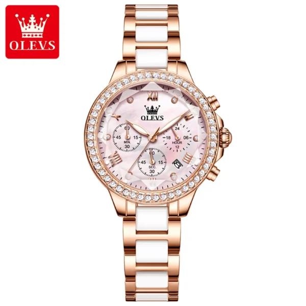 OLEVS 9999 Ceramic Steel Strap Mirror Diamond Quartz Watch For Women - Image 4