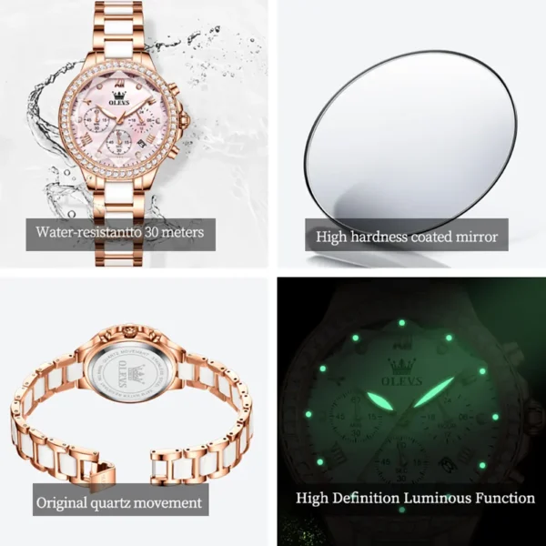 OLEVS 9999 Ceramic Steel Strap Mirror Diamond Quartz Watch For Women - Image 3