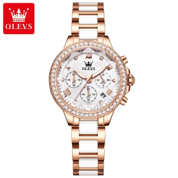 OLEVS 9999 Ceramic Steel Strap Mirror Diamond Quartz Watch For Women - Image 2