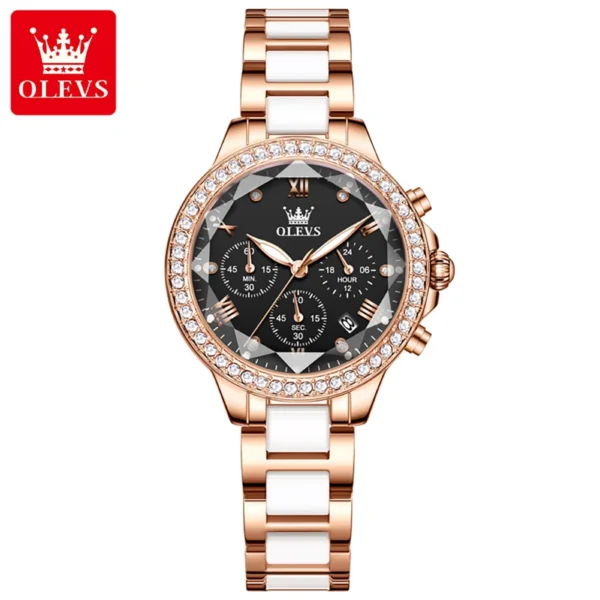 OLEVS 9999 Ceramic Steel Strap Mirror Diamond Quartz Watch For Women - Image 2